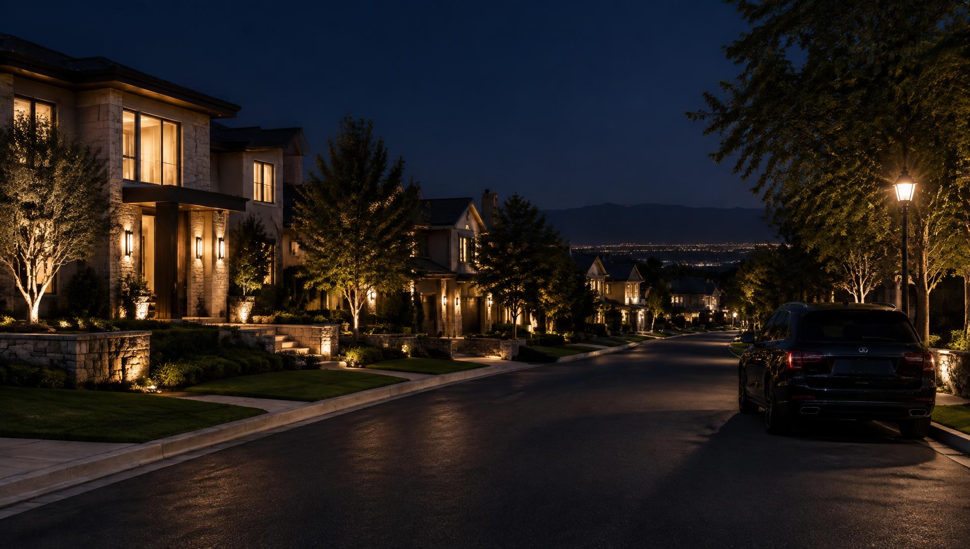 A quiet upscale American residential street at night