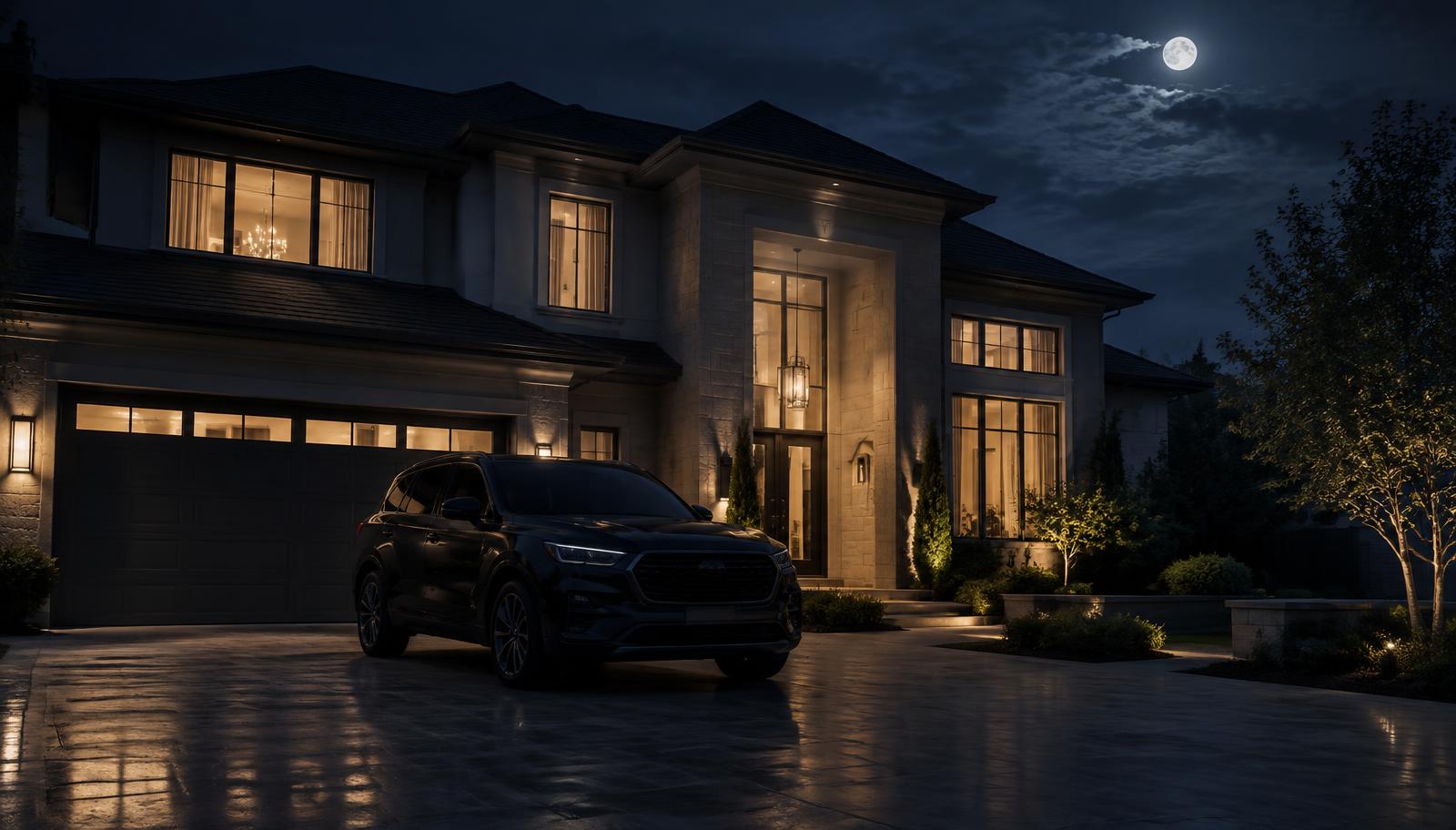 A premium home at night with a discreet patrol vehicle