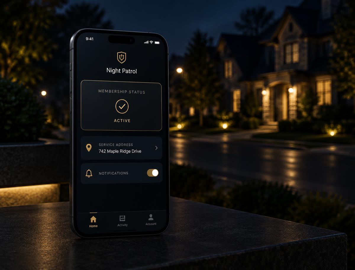 The Night Patrol member dashboard on a smartphone at night
